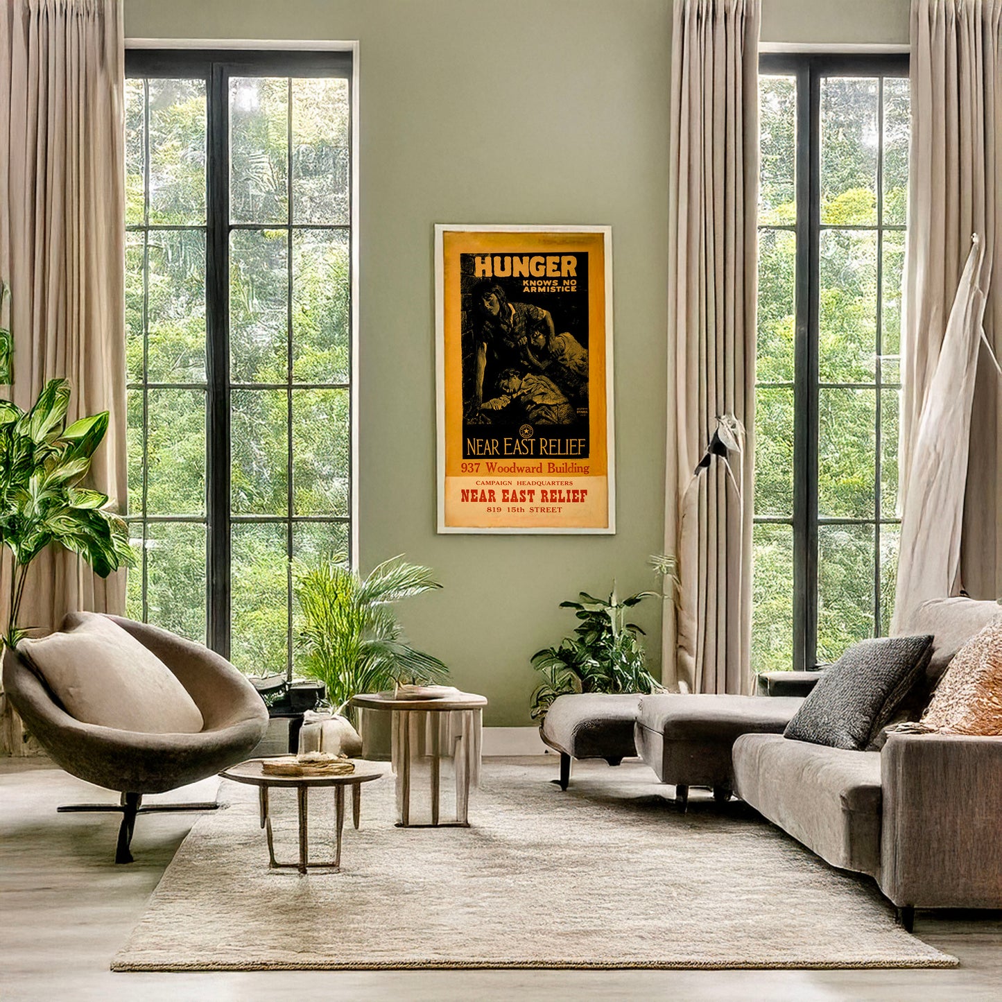 A picture of Hunger knows no armistice--Near East Relief, a mockup of the print leaning against a wall