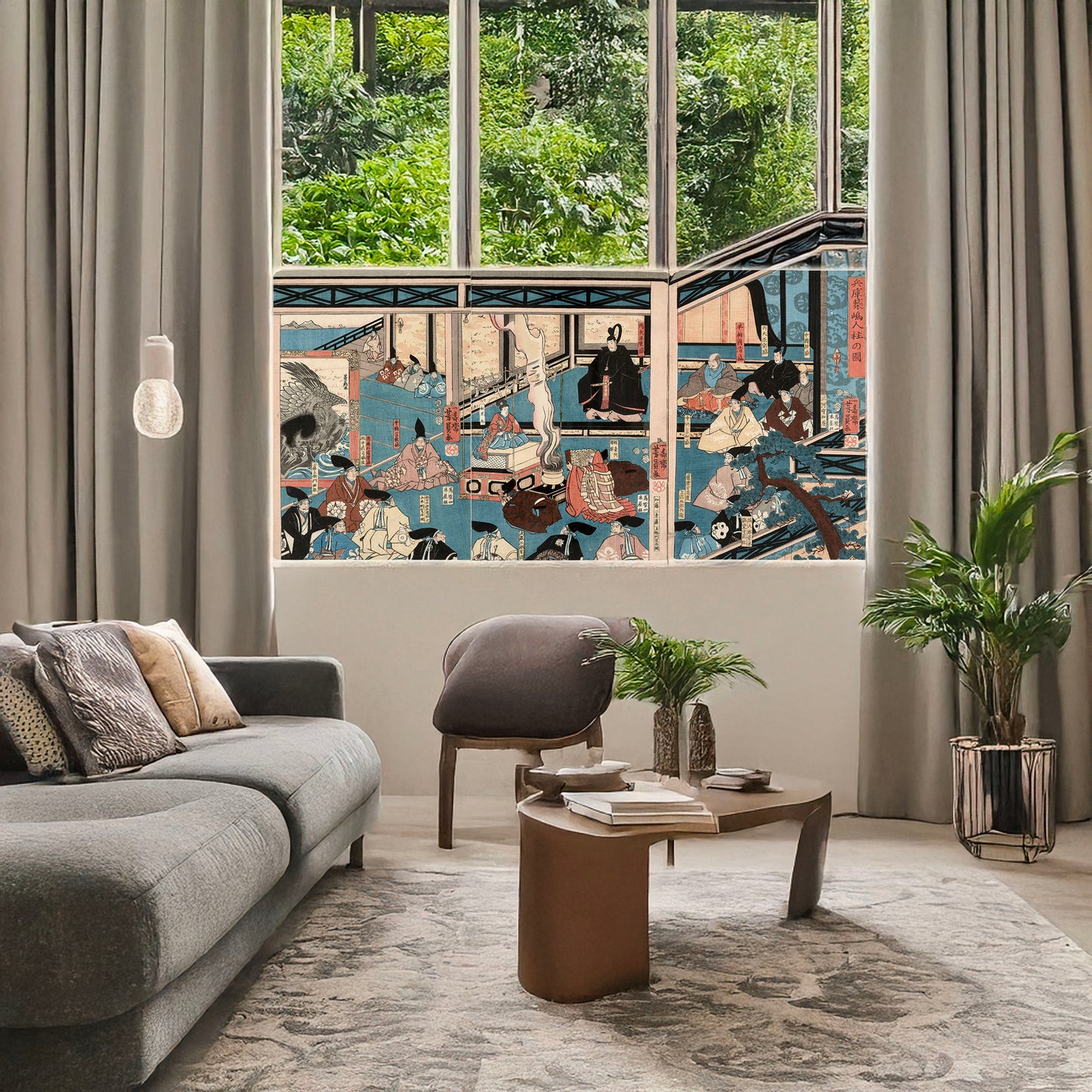 A picture of Hyōgo chikutō hitobashira no zu, a mockup of the print leaning against a wall