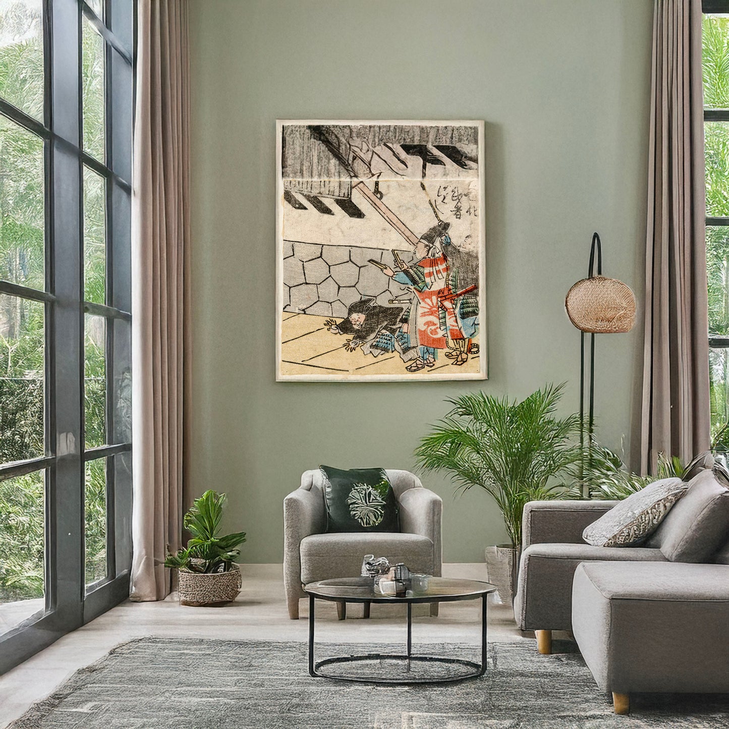 A picture of Hyōshigi o utsu bushi, a mockup of the print leaning against a wall