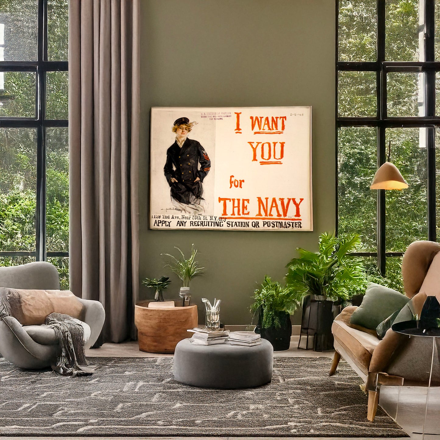 A picture of I want you for the Navy Apply any recruiting station or postmaster /, a mockup of the print leaning against a wall