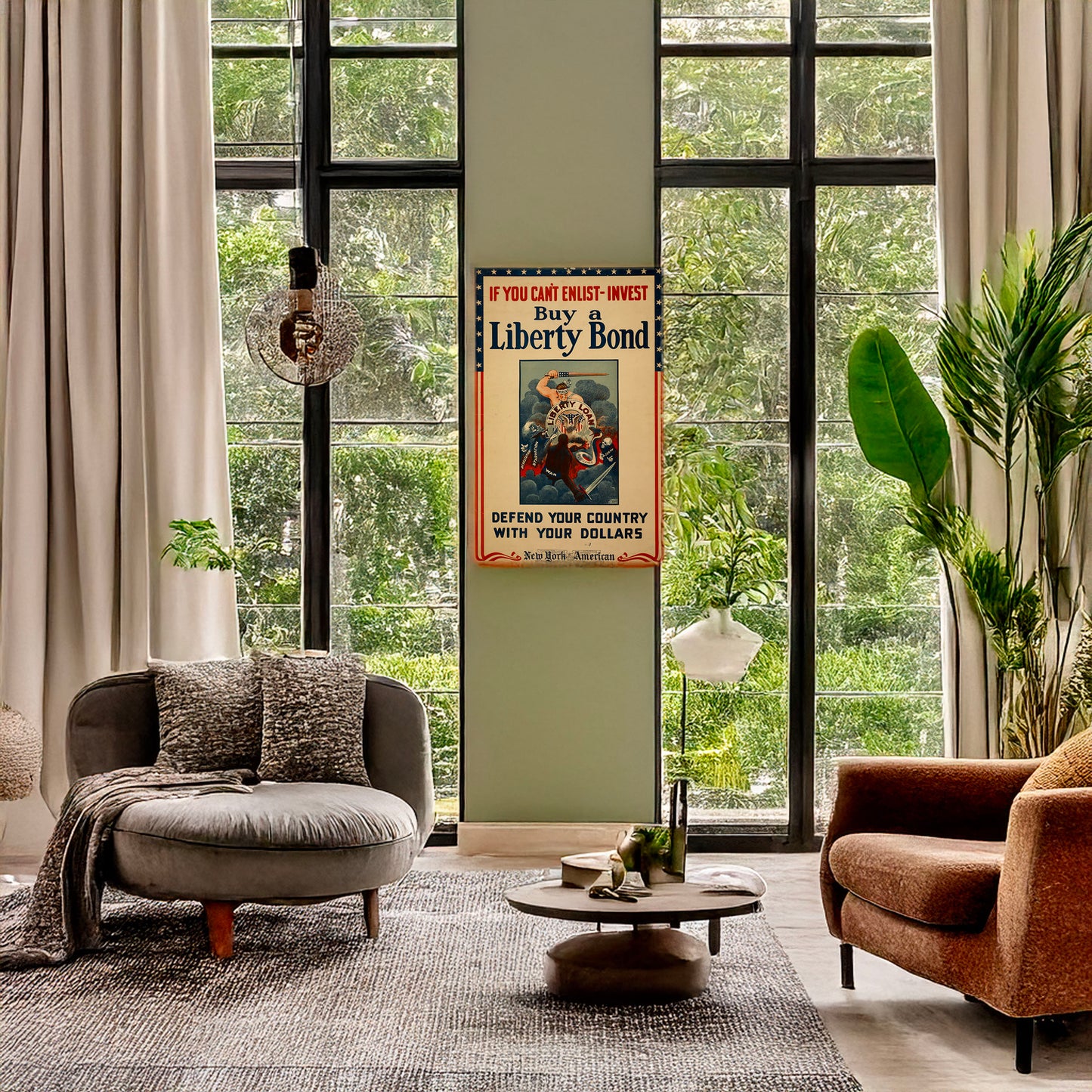 A picture of If you can't enlist, invest - Buy a Liberty Bond - Defend your country with your dollars, a mockup of the print leaning against a wall