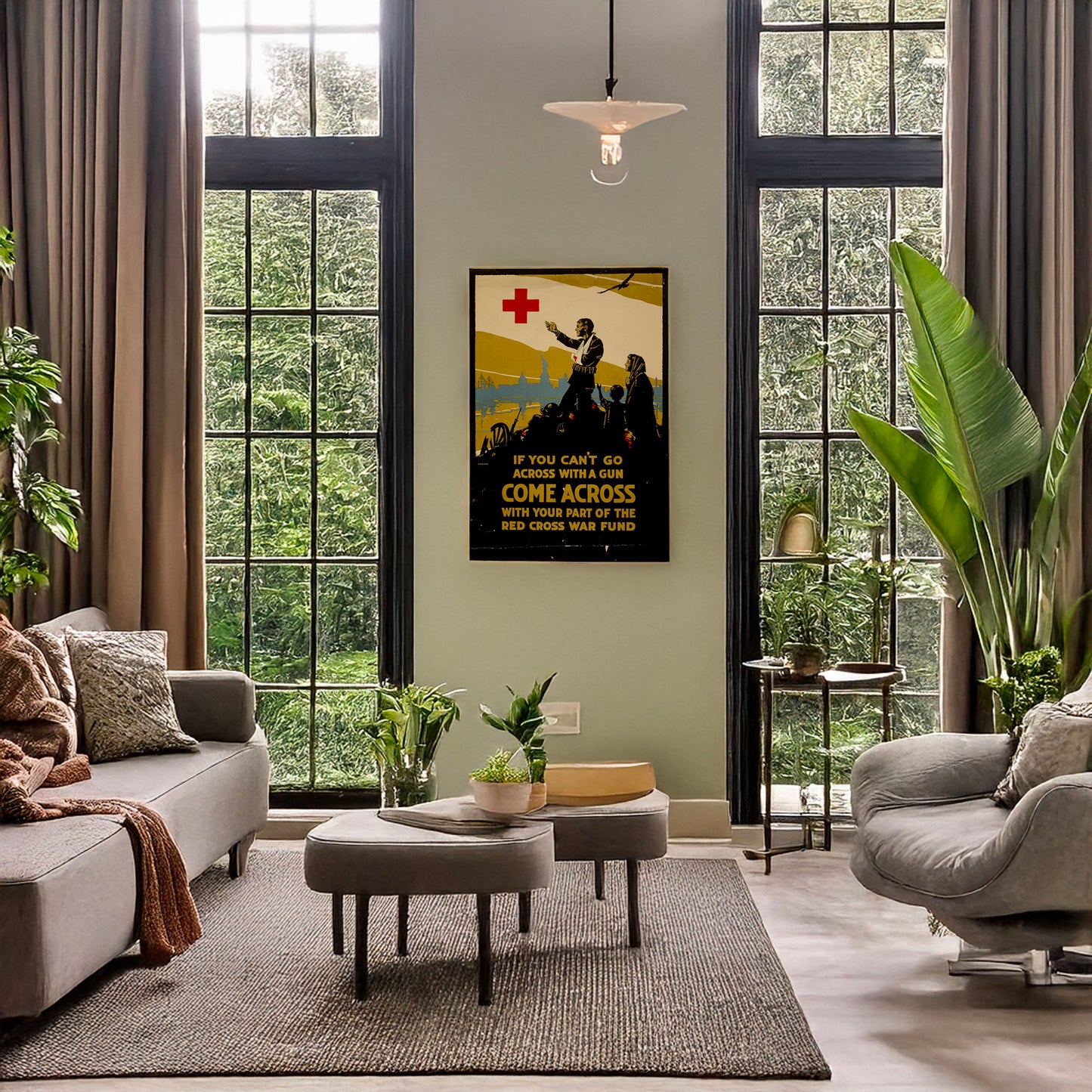 A picture of If you can't go across with a gun, come across with your part of the Red Cross war fund, a mockup of the print leaning against a wall