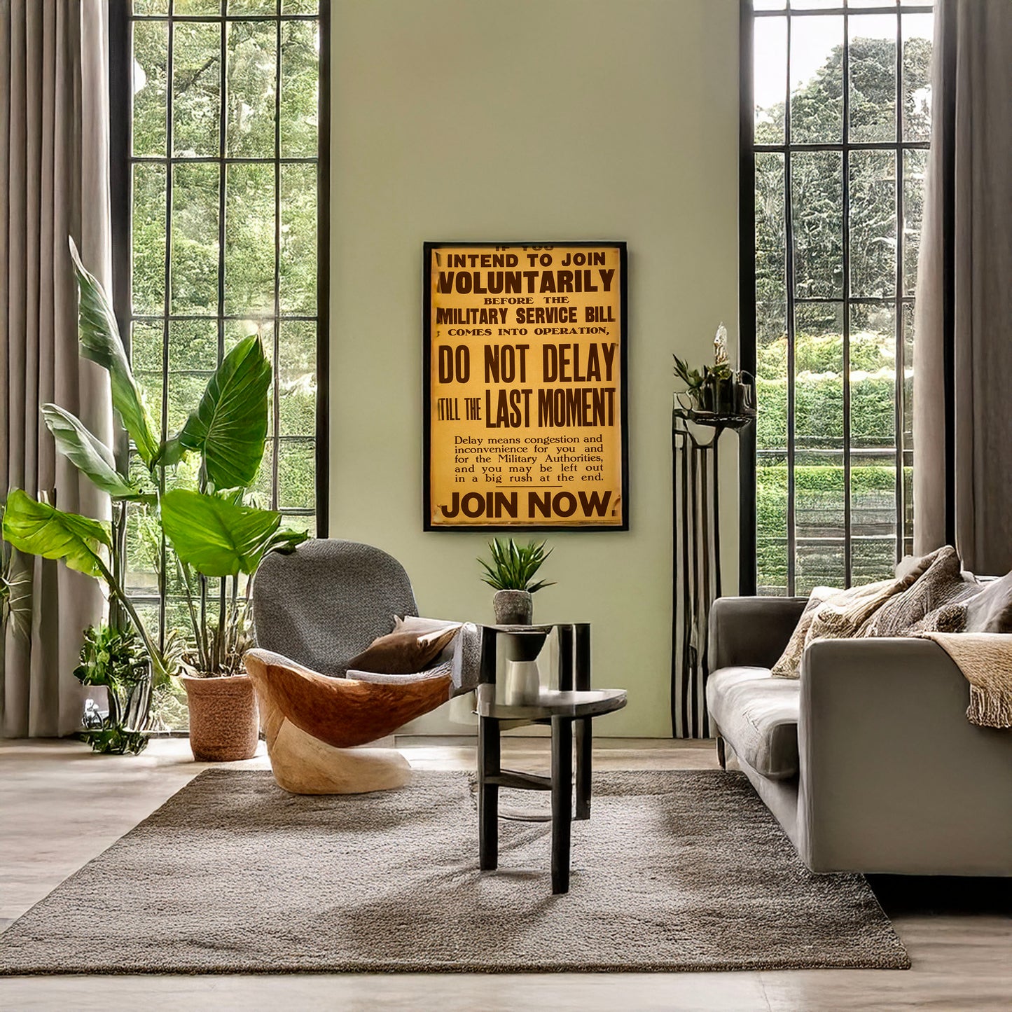 A picture of If you intend to join voluntarily before the military service bill comes into operation, do not delay until the last moment ... Join now, a mockup of the print leaning against a wall