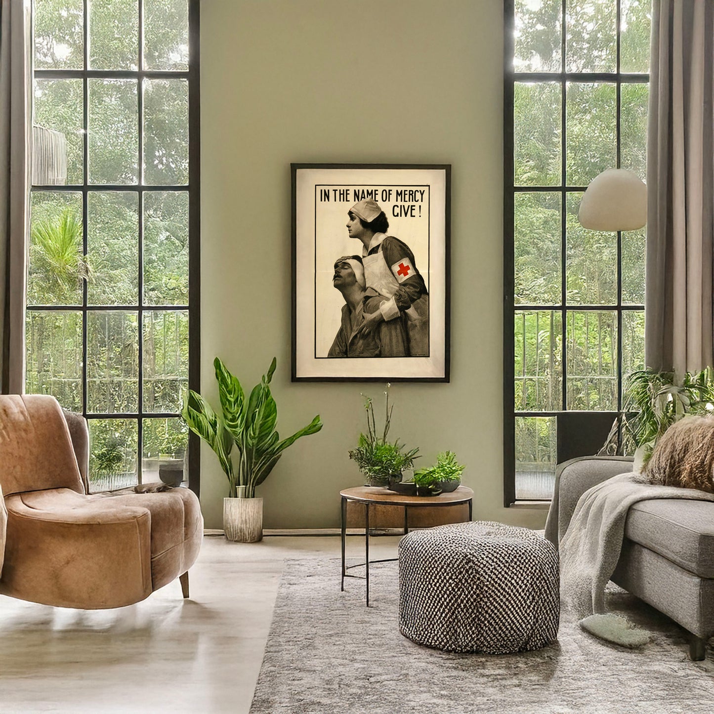 A picture of In the name of mercy give!, a mockup of the print leaning against a wall