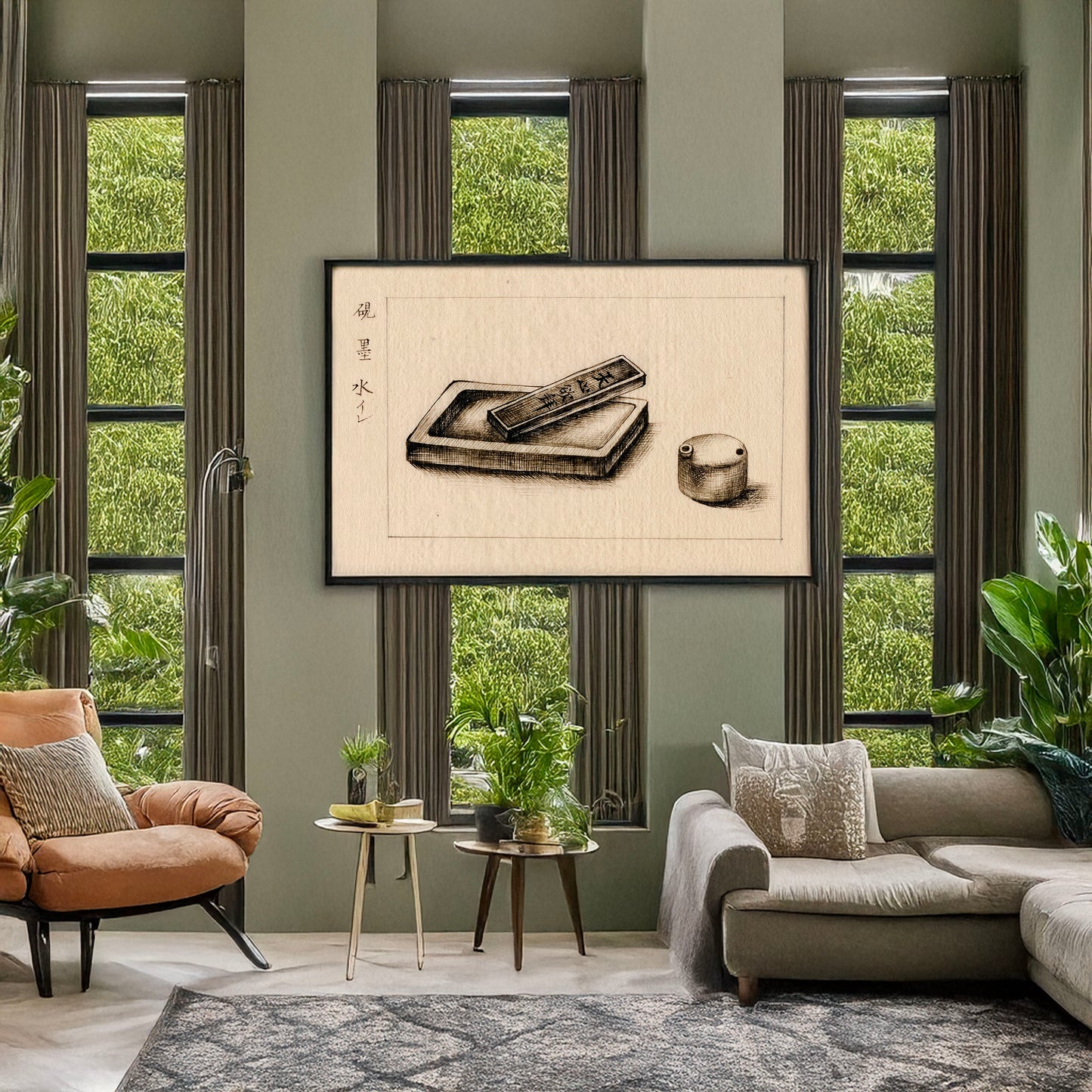 A picture of Ink, ink stone and water pot, a mockup of the print leaning against a wall
