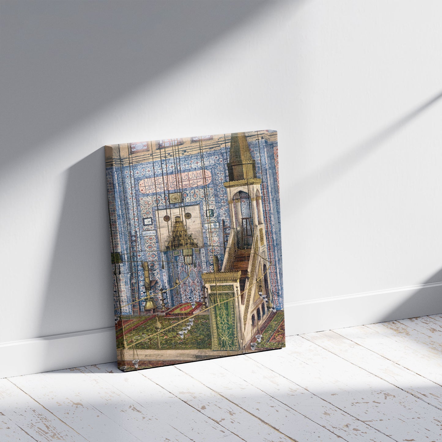 A picture of Interior of mosque Rüstem Paşa,Constantinople, Turkey, a mockup of the print leaning against a wall