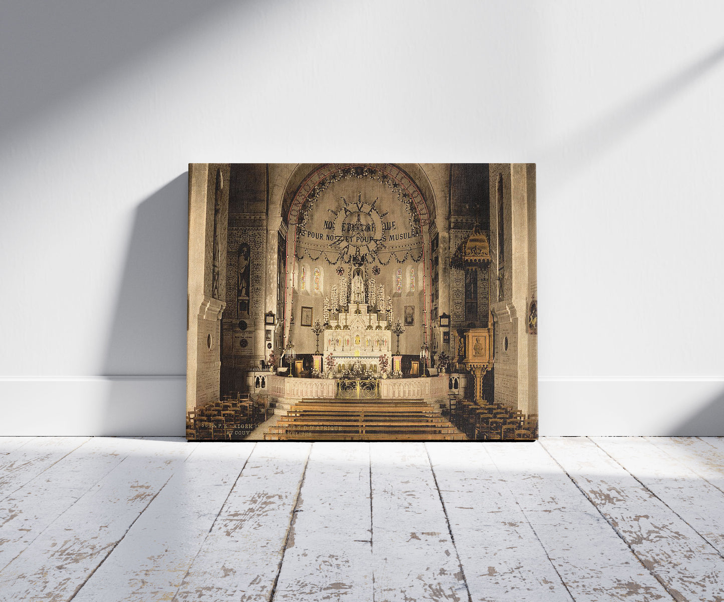 A picture of Interior of Notre Dame d'Afrique, Algiers, Algeria, a mockup of the print leaning against a wall