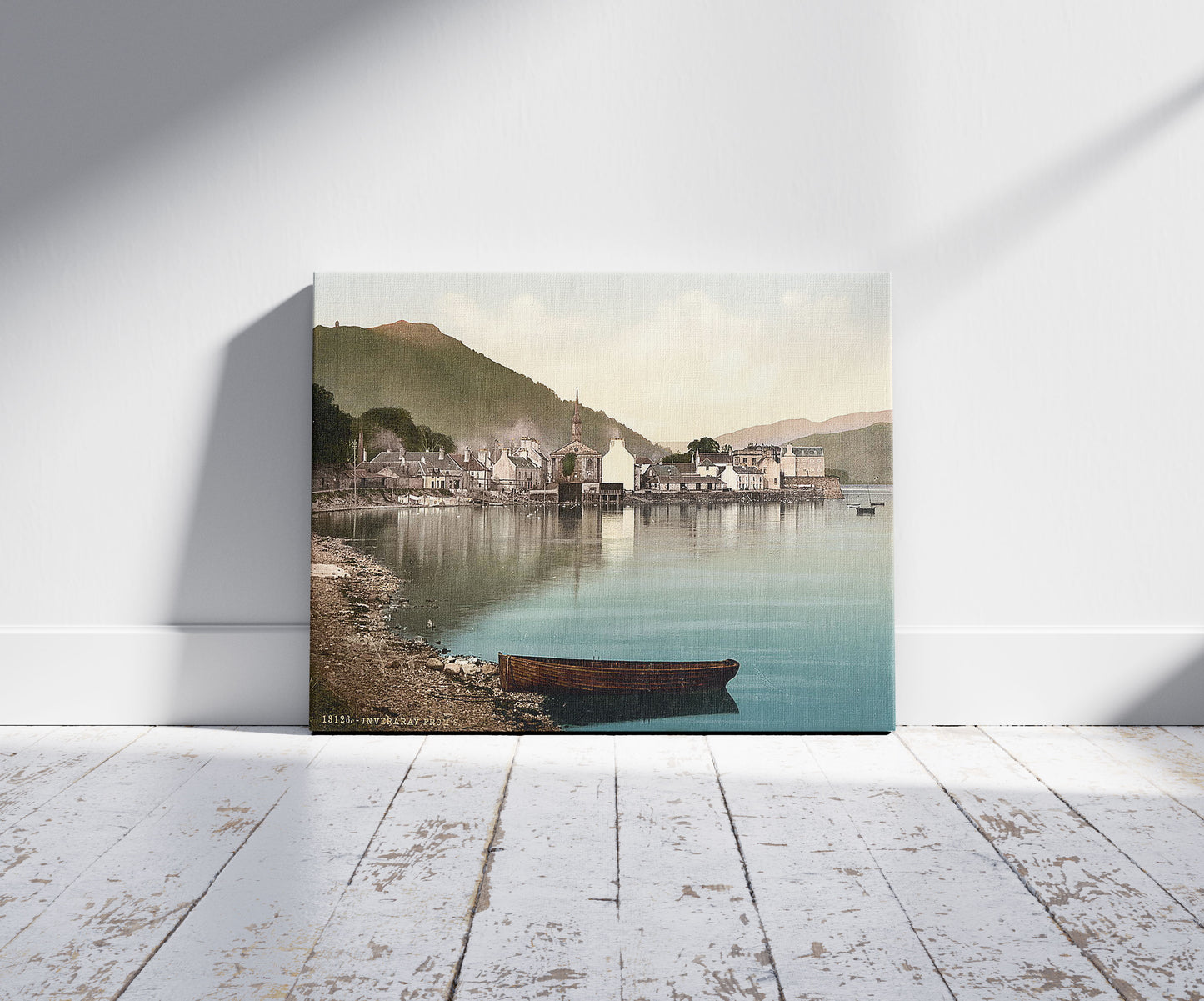 A picture of Inveraray from S. (i.e., South), Scotland, a mockup of the print leaning against a wall