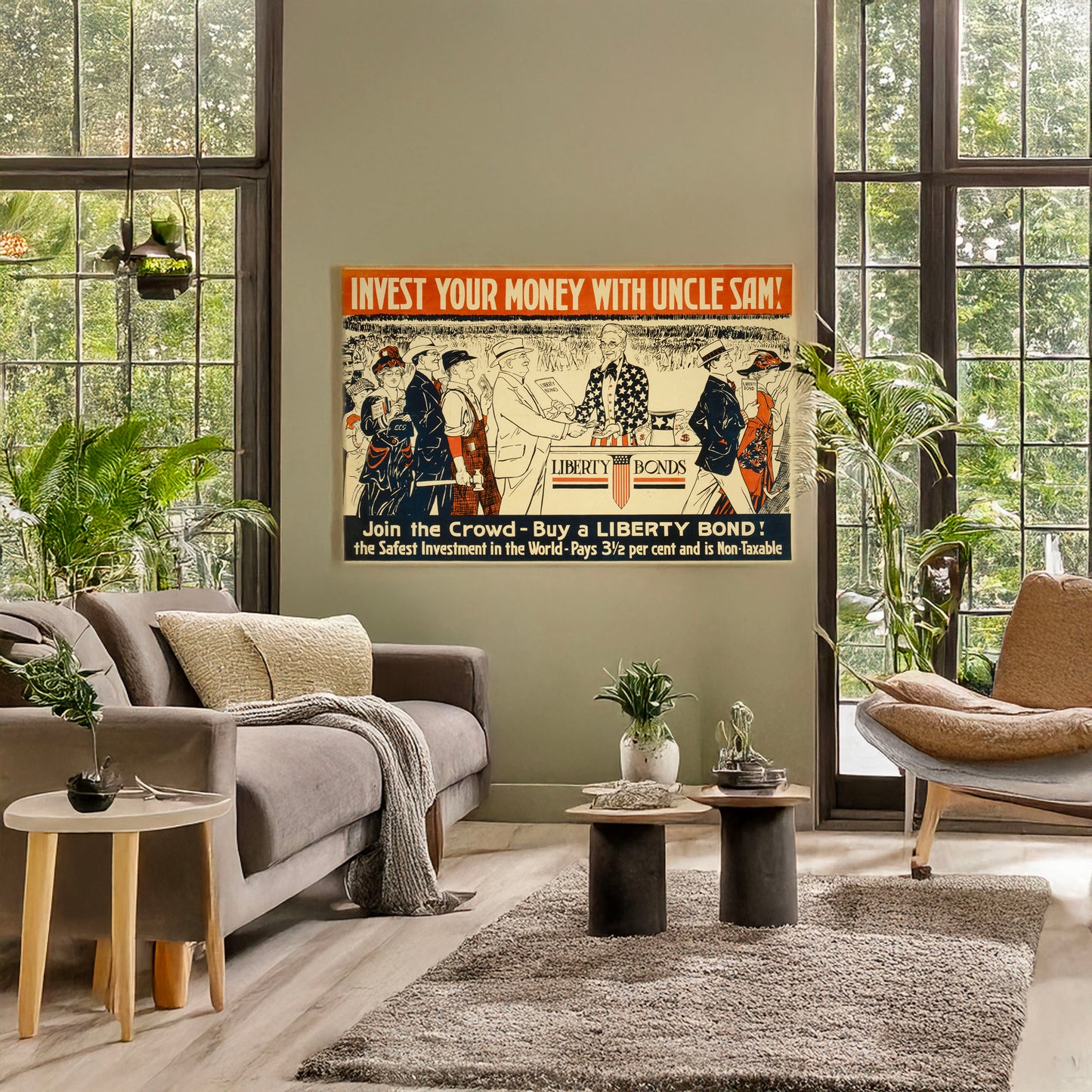 A picture of Invest your money with Uncle Sam! Join the crowd - Buy a Liberty bond!, a mockup of the print leaning against a wall