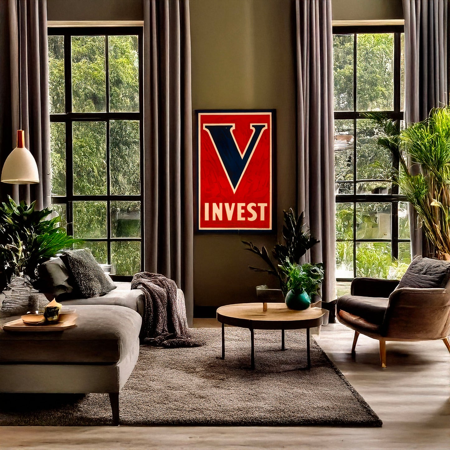 A picture of Invest, a mockup of the print leaning against a wall