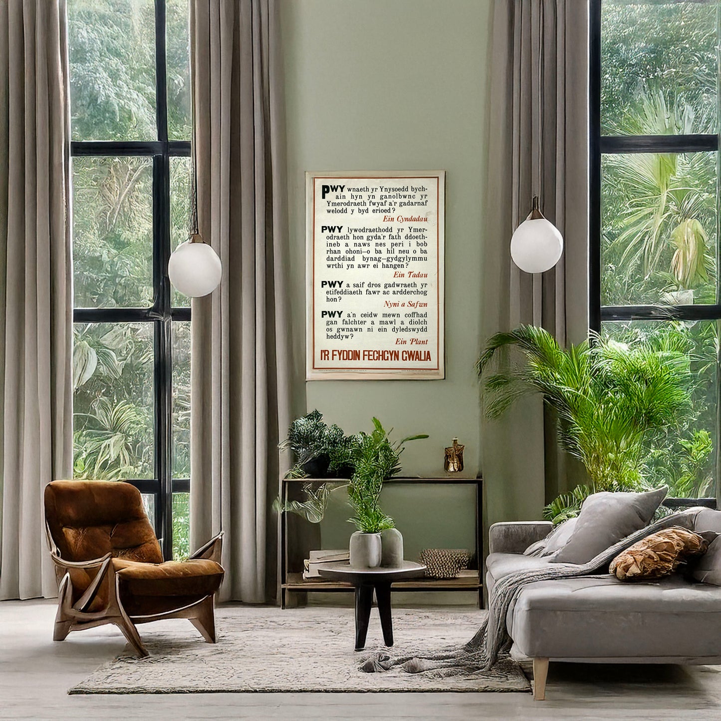 A picture of I'r fyddin fechgyn gwalia, a mockup of the print leaning against a wall