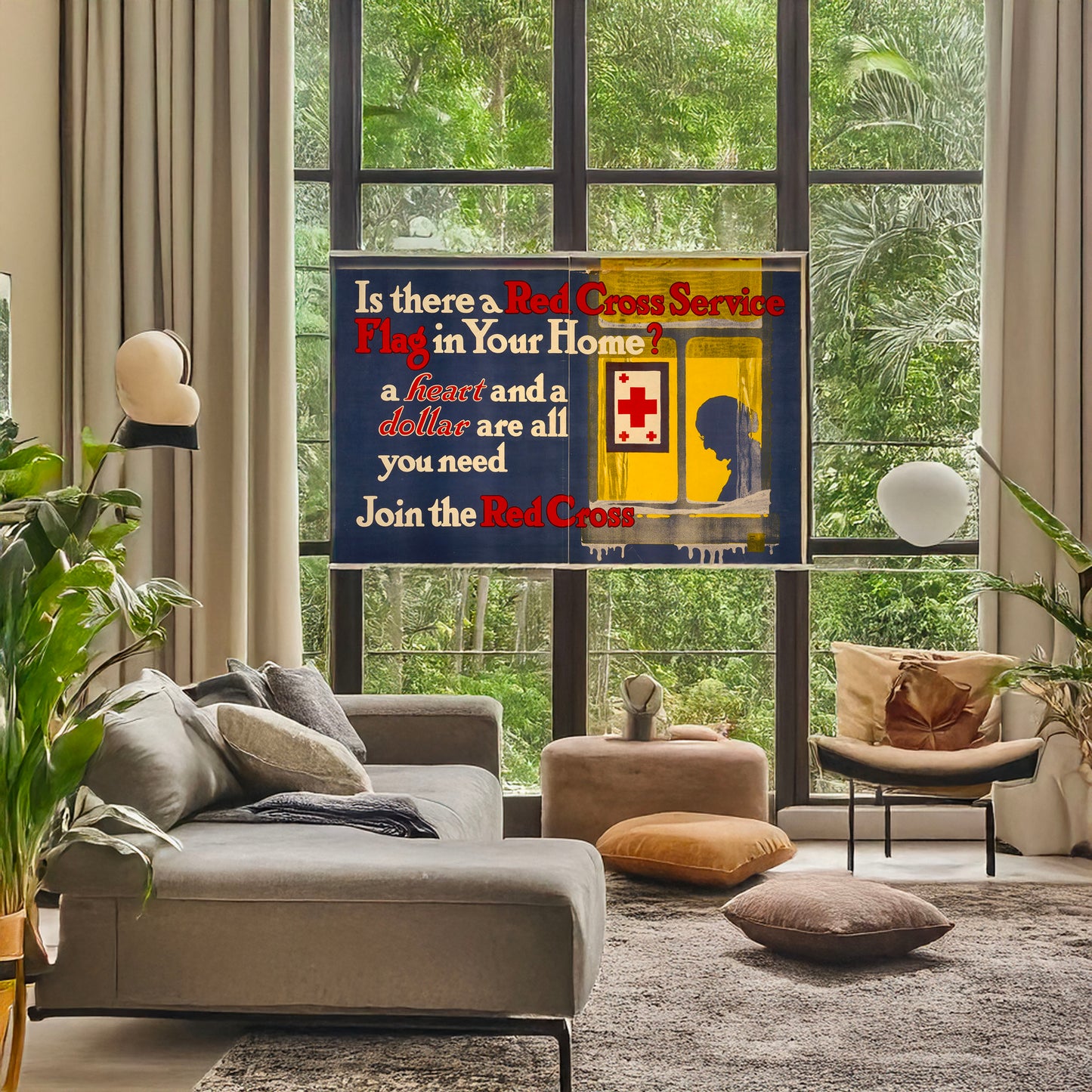 A picture of Is there a Red Cross service flag in your home? A heart and a dollar are all you need - Join the Red Cross, a mockup of the print leaning against a wall