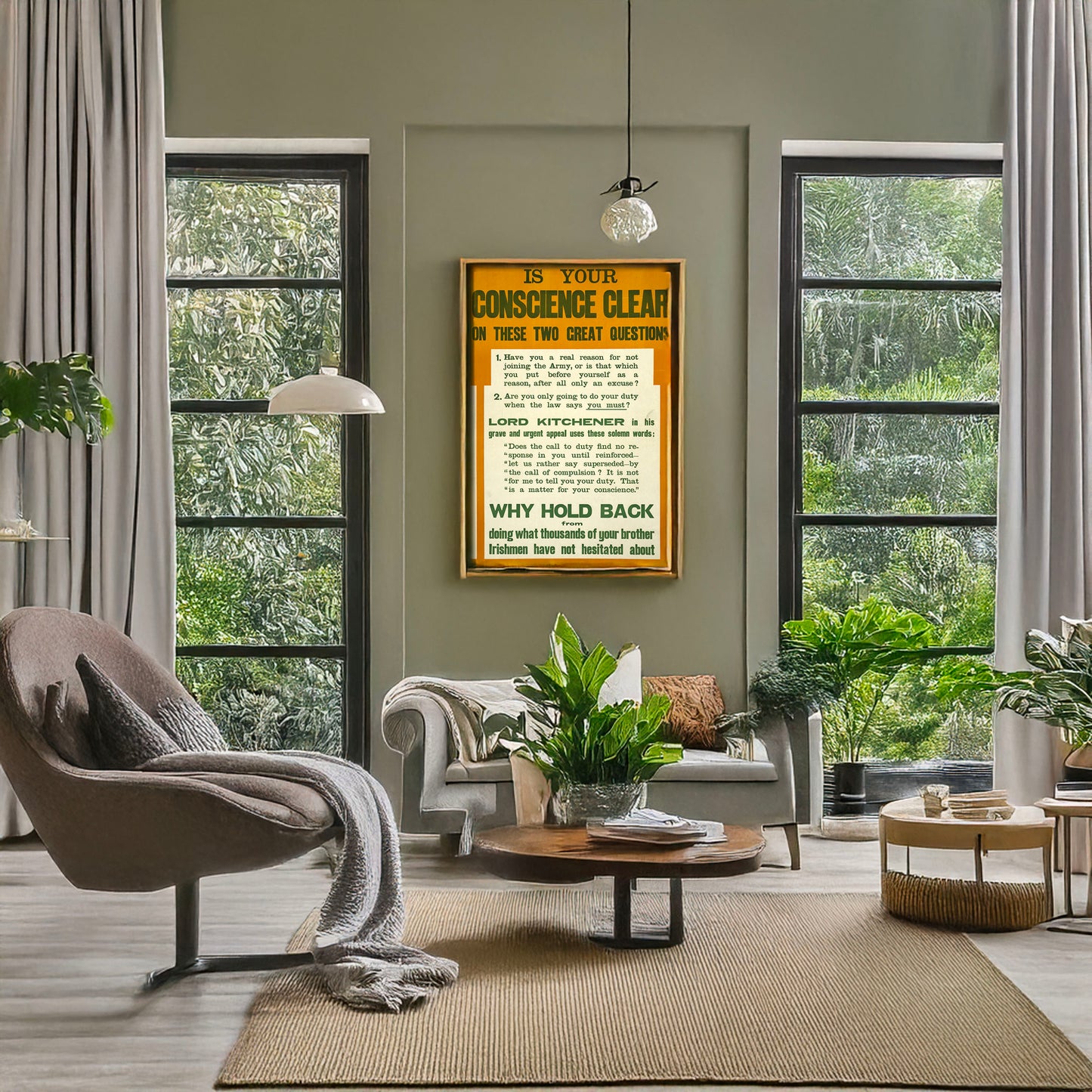 A picture of Is your conscience clear on these two great questions, a mockup of the print leaning against a wall