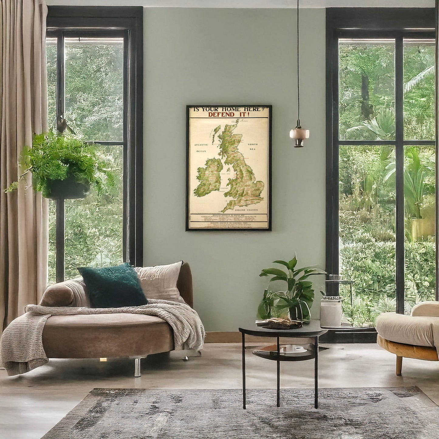 A picture of Is your home here? Defend it!, a mockup of the print leaning against a wall