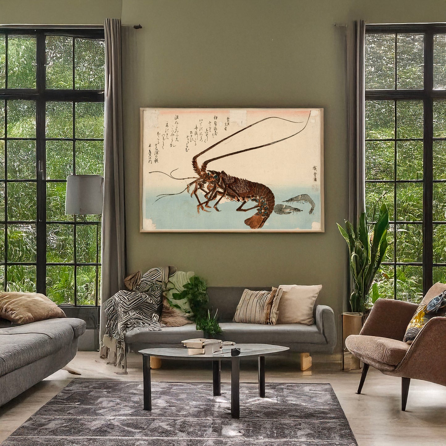 A picture of Ise ebi to shiba ebi, a mockup of the print leaning against a wall