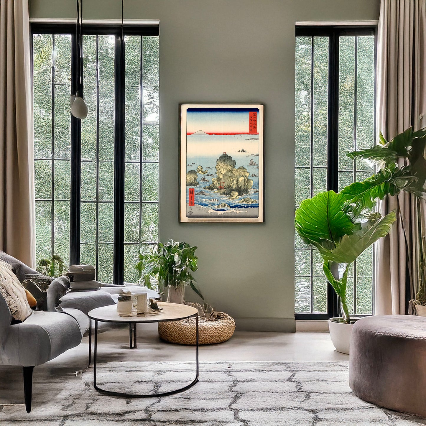 A picture of Ise futamigaura, a mockup of the print leaning against a wall