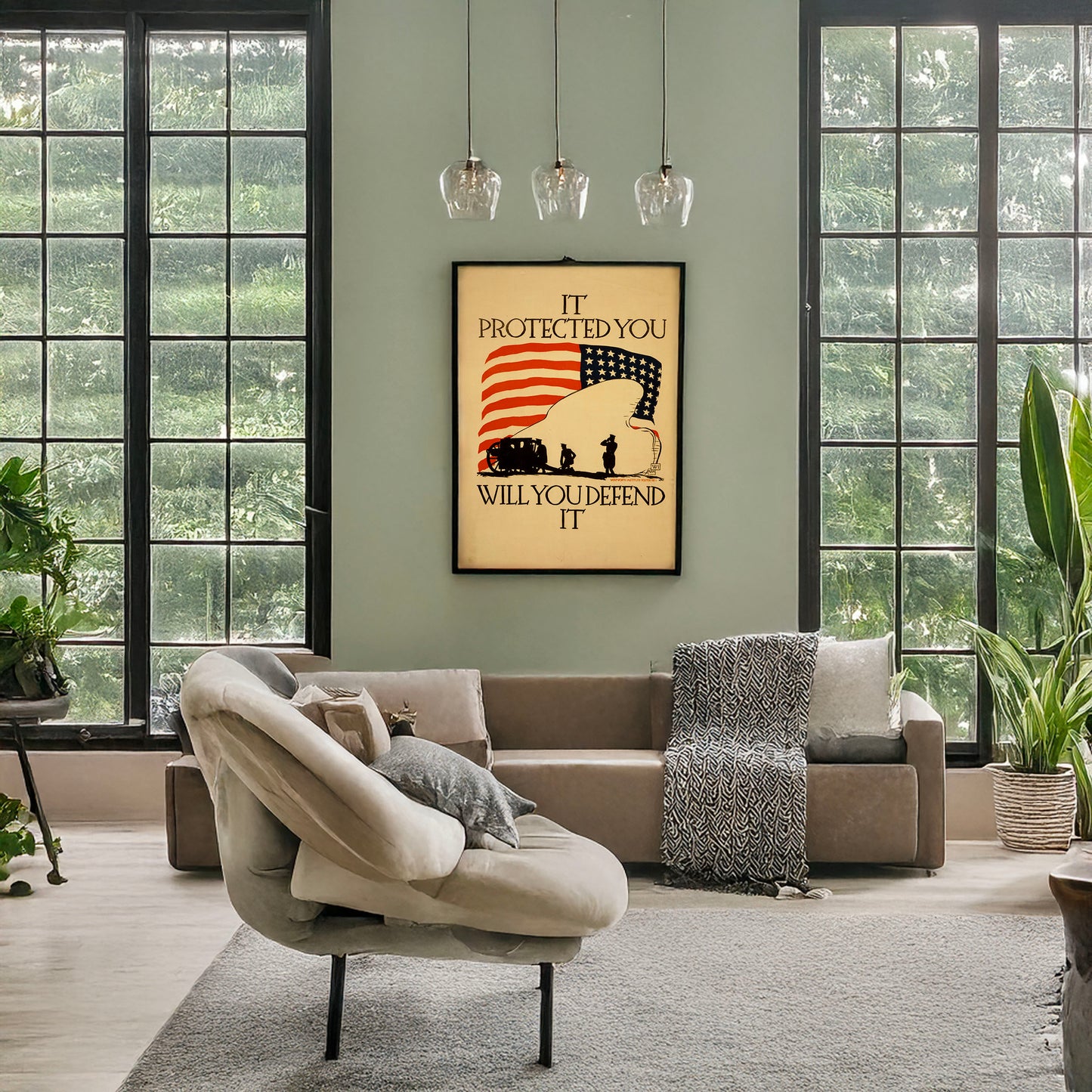 A picture of It protected you, will you defend it, a mockup of the print leaning against a wall