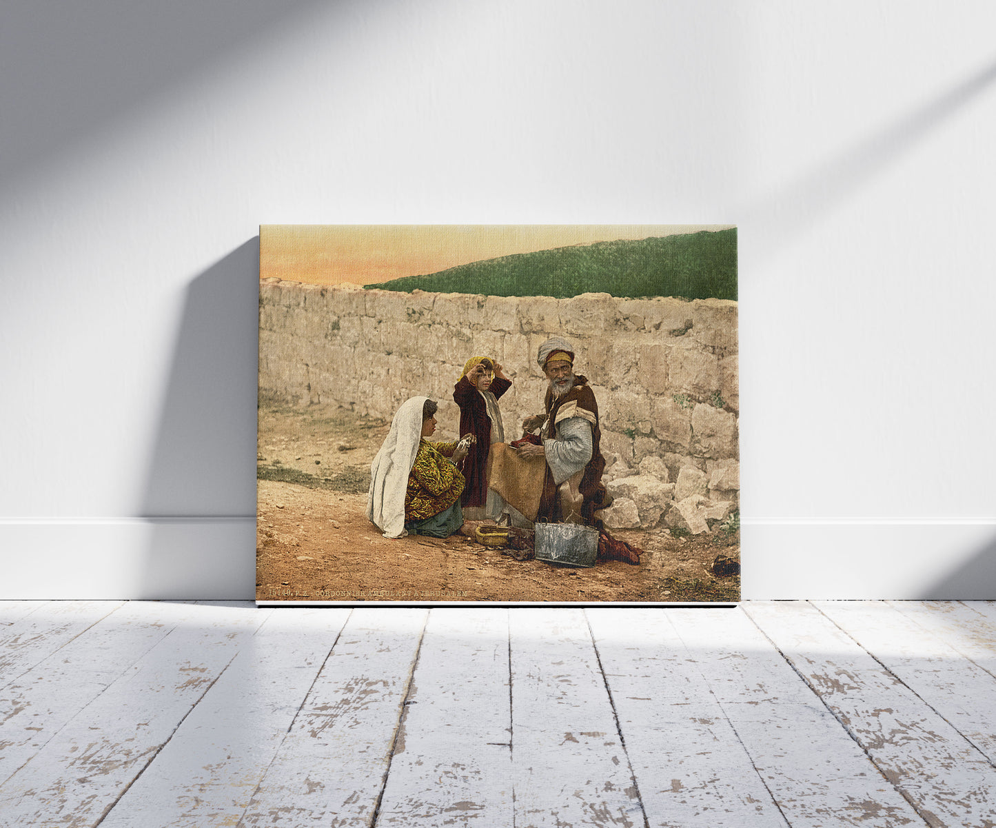 A picture of Itinerant shoemaker of Jerusalem, Holy Land, a mockup of the print leaning against a wall