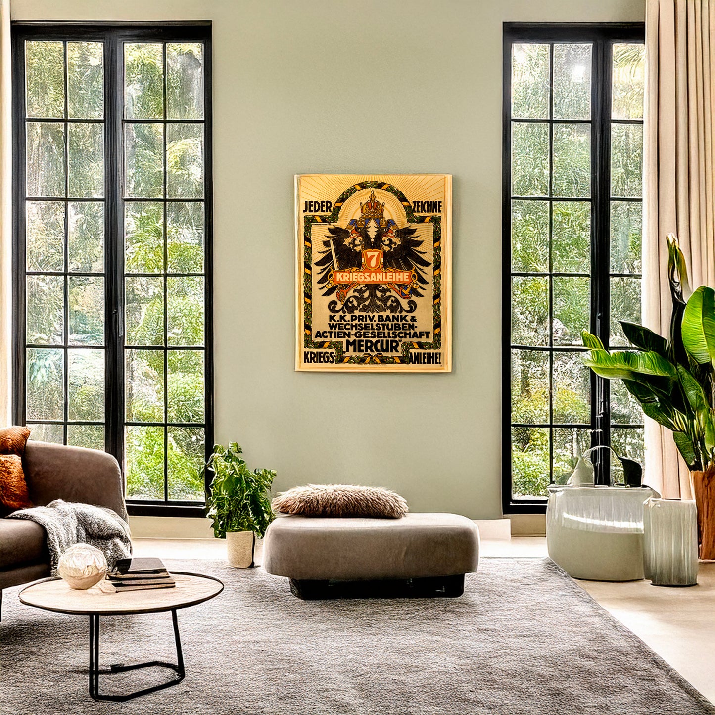 A picture of Jeder zeichne 7. Kriegsanleihe, a mockup of the print leaning against a wall