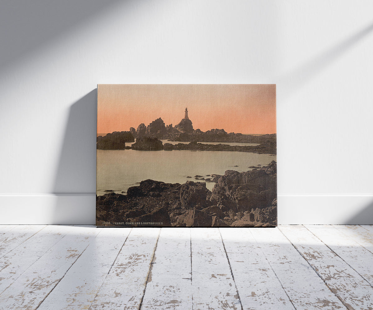 A picture of Jersey, Corbiere Lighthouse, II, Channel Islands, England, a mockup of the print leaning against a wall