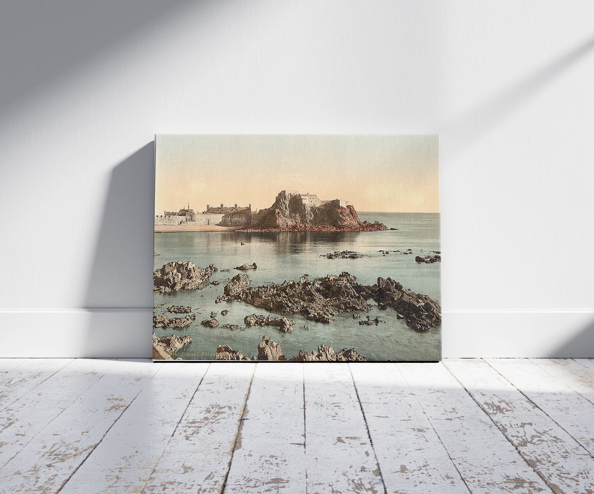 A picture of Jersey, Elizabeth Castle, St. Heliers, Channel Islands, a mockup of the print leaning against a wall
