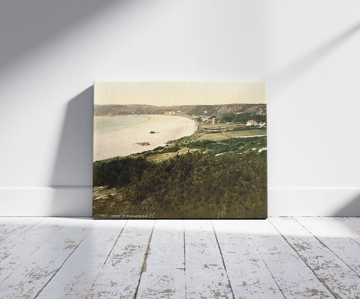 A picture of Jersey, Saint Brelades Bay, Channel Islands, a mockup of the print leaning against a wall