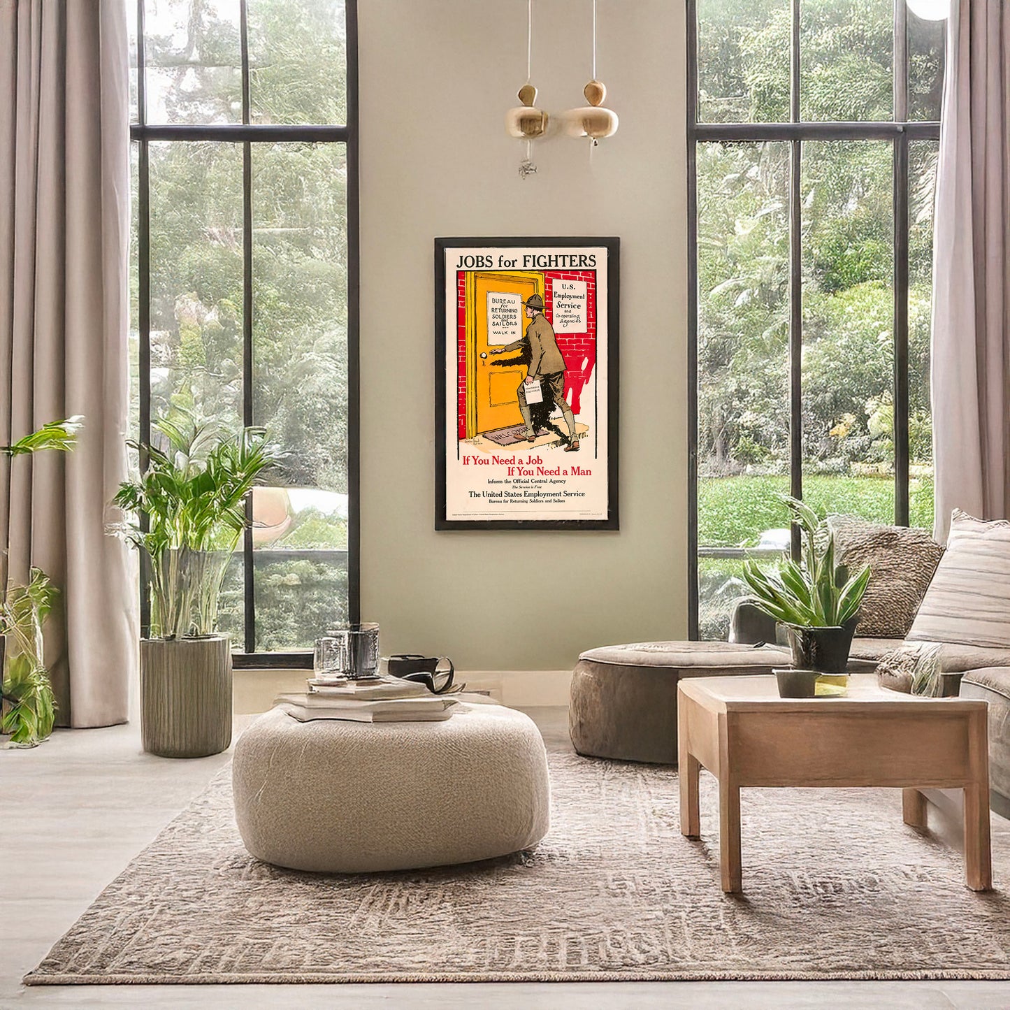 A picture of Jobs for fighters - If you need a job, if you need a man, inform the official central agency - The service is free The United States Employment Service, Bureau for Returning Soldiers and Sailors/, a mockup of the print leaning against a wall