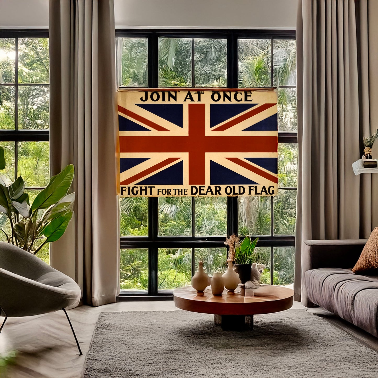 A picture of Join at once. Fight for the dear old flag, a mockup of the print leaning against a wall