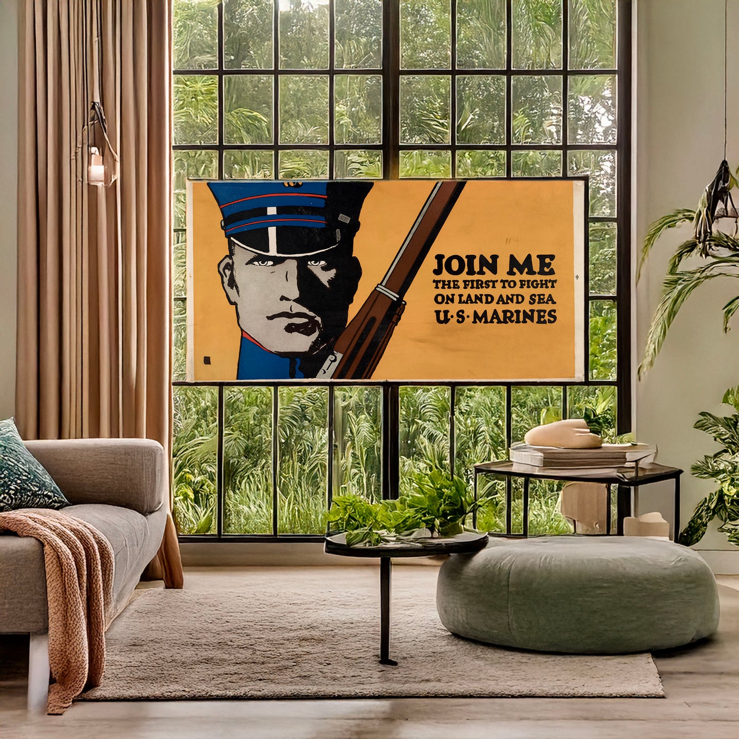 A picture of Join me - the first to fight on land and sea - U.S. Marines, a mockup of the print leaning against a wall