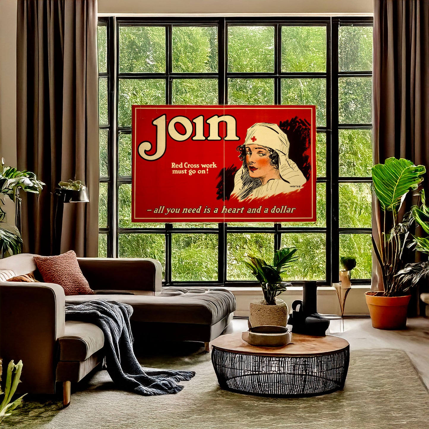 A picture of Join - Red Cross work must go on! All you need is a heart and a dollar /, a mockup of the print leaning against a wall