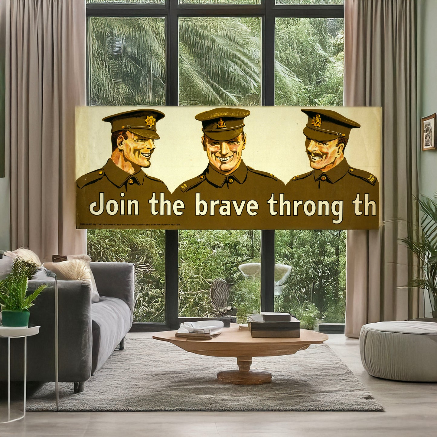 A picture of Join the brave throng that goes marching along, a mockup of the print leaning against a wall