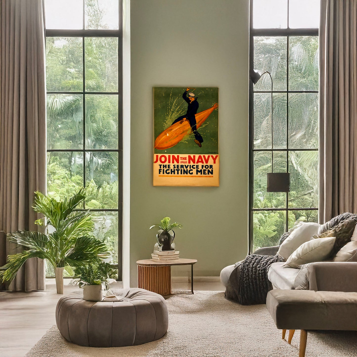 A picture of Join the Navy, the service for fighting men, a mockup of the print leaning against a wall