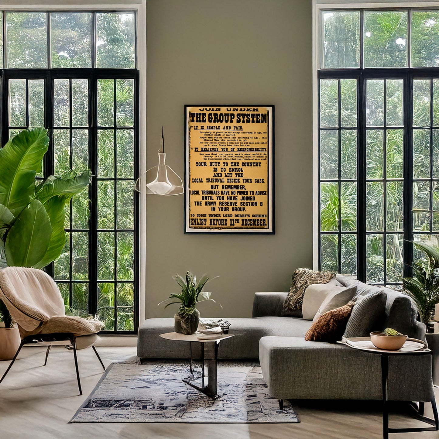 A picture of Join under the group system, a mockup of the print leaning against a wall