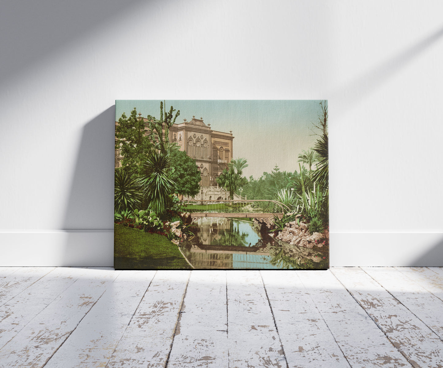 A picture of Kairo, Cactées au Jardin du Prince Hussein, a mockup of the print leaning against a wall