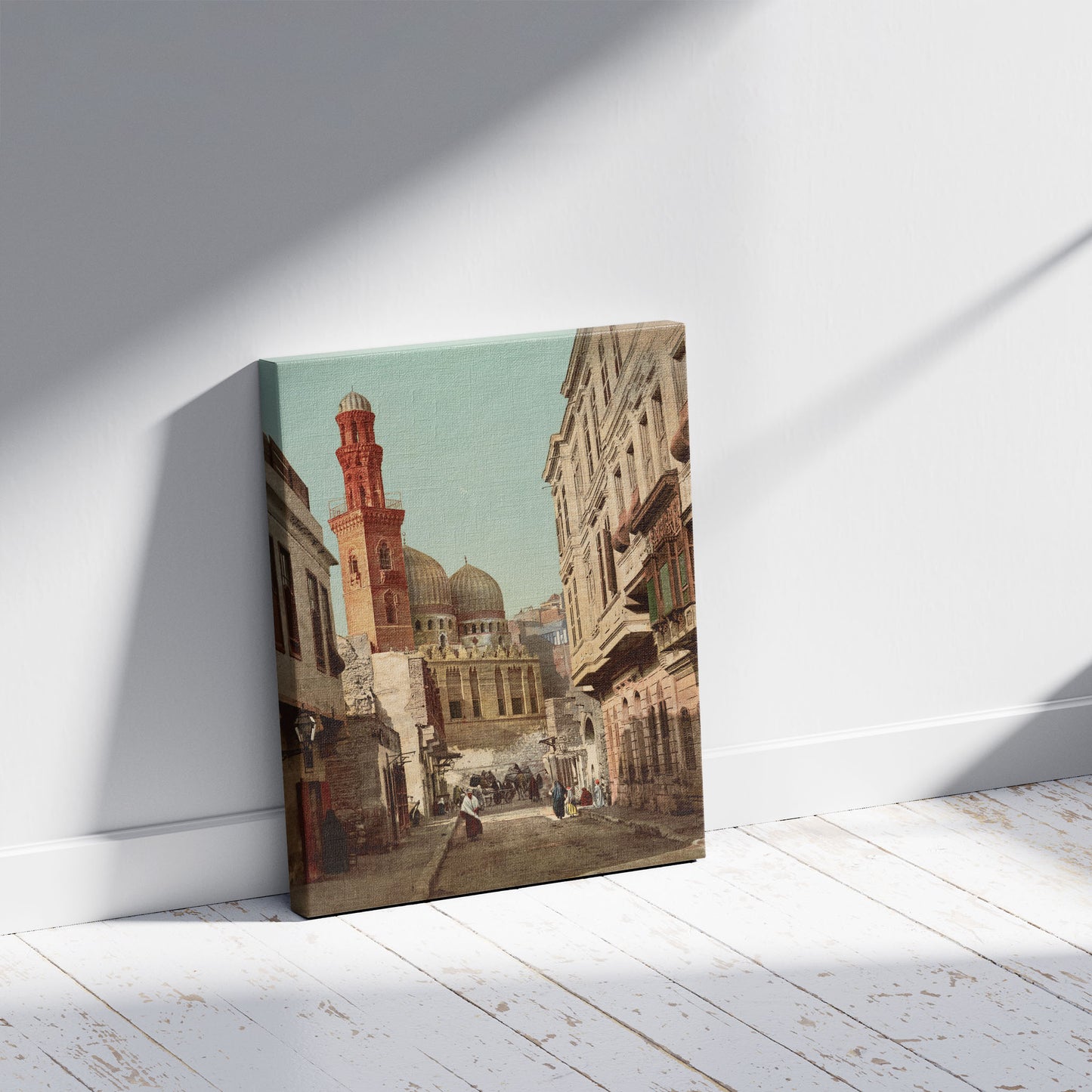 A picture of Kairo, Rue Mosquée des Pharaons, a mockup of the print leaning against a wall