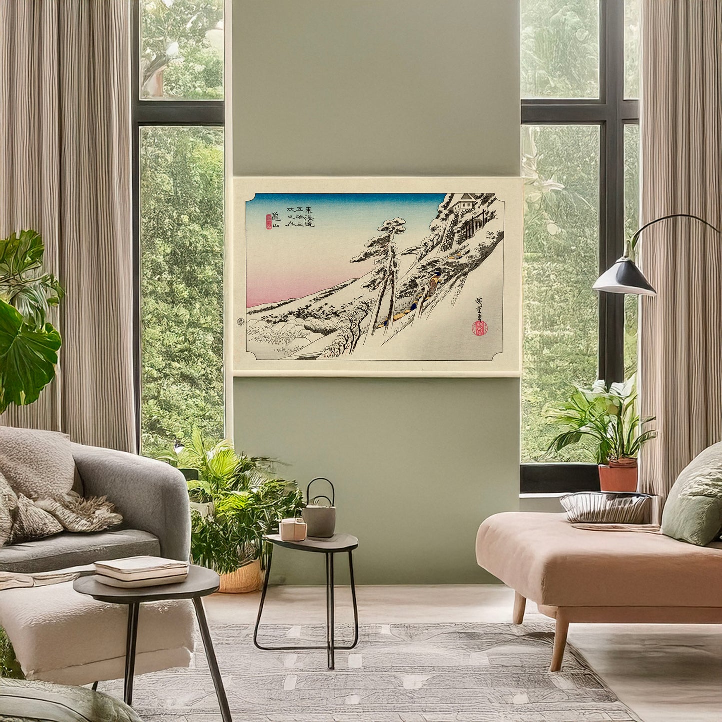 A picture of Kameyama, a mockup of the print leaning against a wall