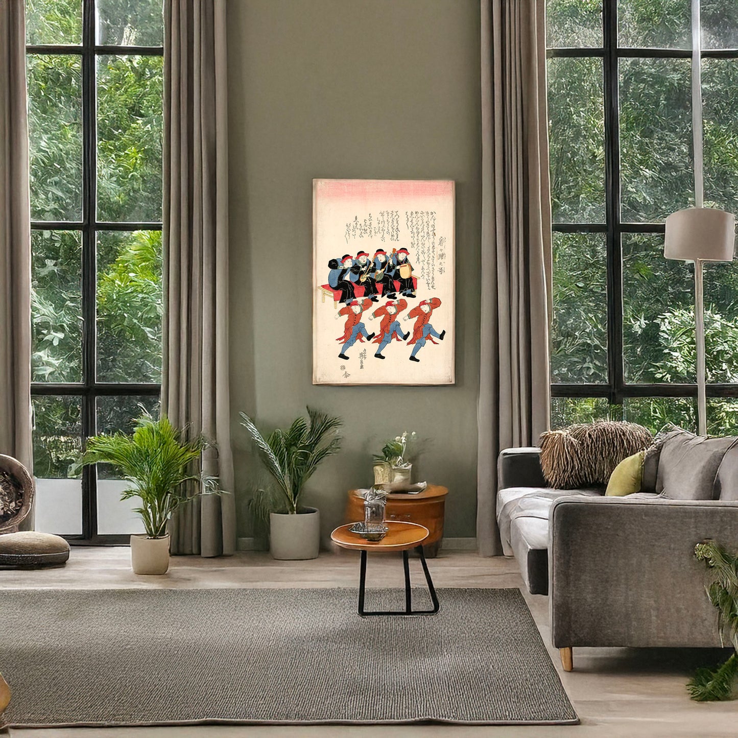 A picture of Kankan odori no uta, a mockup of the print leaning against a wall
