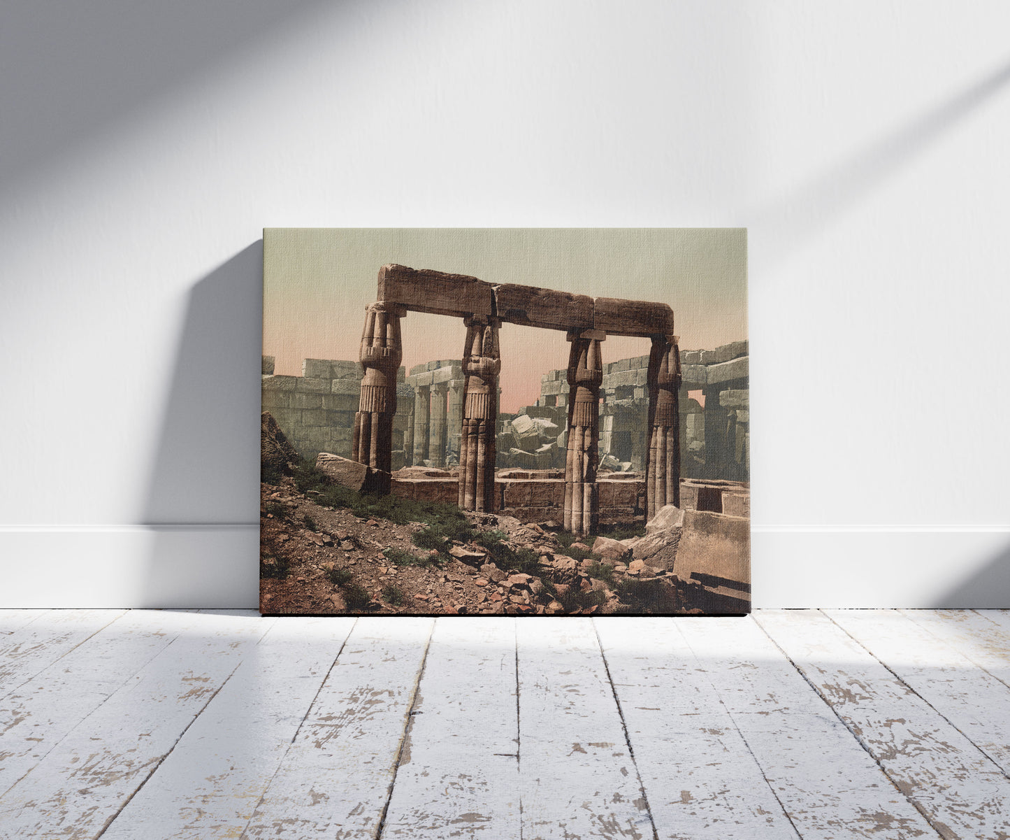 A picture of Karnak, Temple de Thouthmes, a mockup of the print leaning against a wall