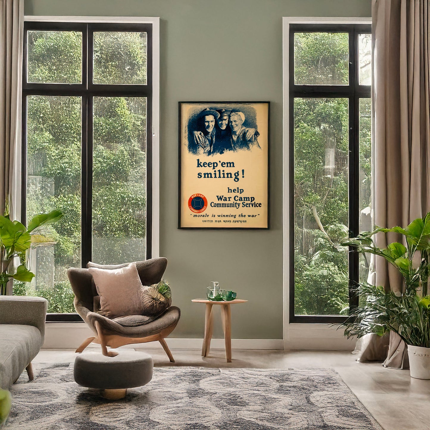 A picture of Keep 'em smiling! Help War Camp Community Service "Morale is winning the war"--United War Work Campaign/, a mockup of the print leaning against a wall