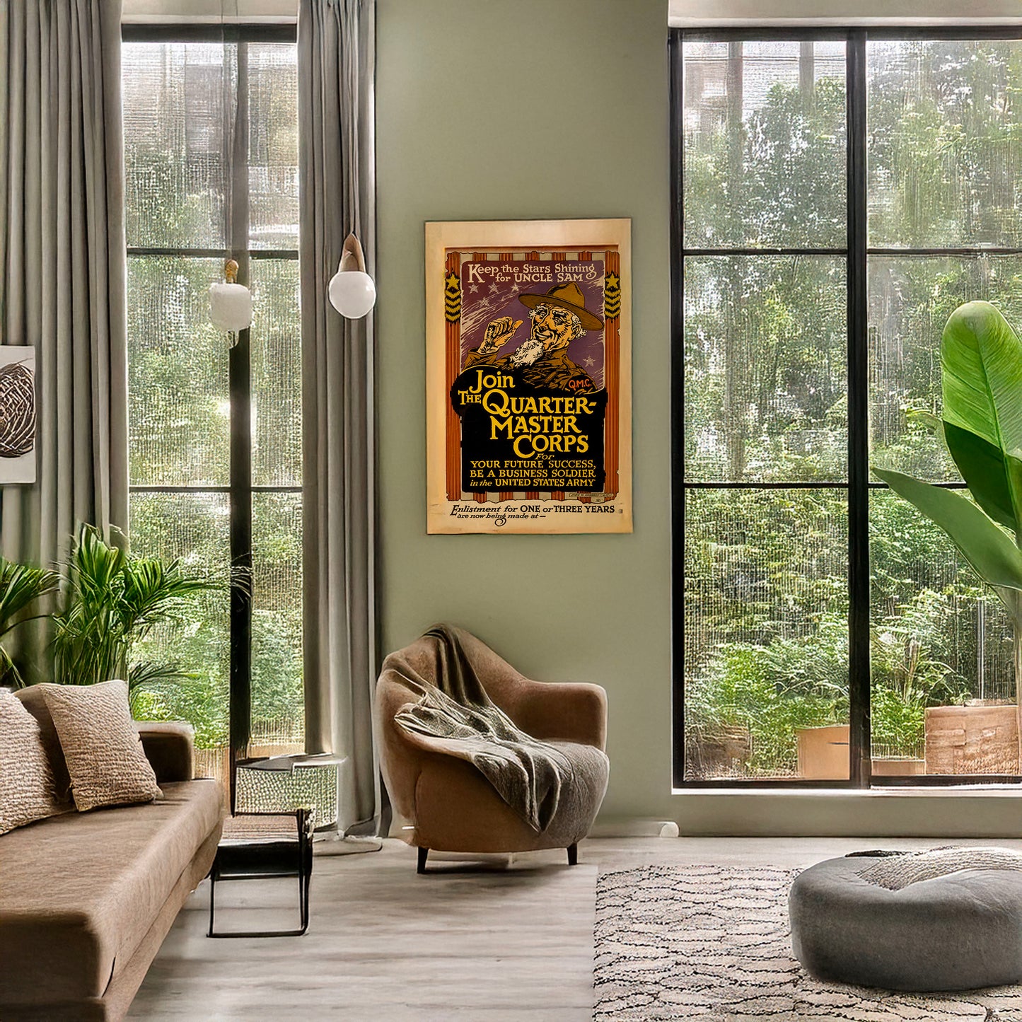 A picture of Keep the stars shining for Uncle Sam - Join the Quartermaster Corps, a mockup of the print leaning against a wall
