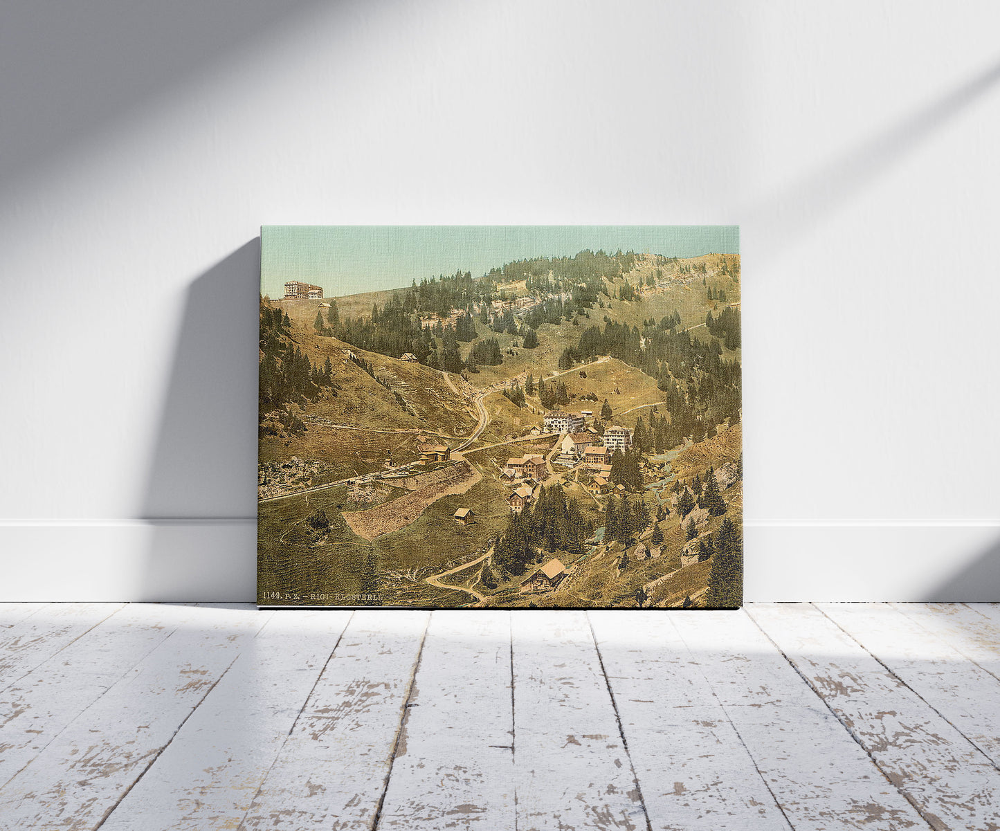A picture of Klösterli, general view, Rigi, Switzerland, a mockup of the print leaning against a wall