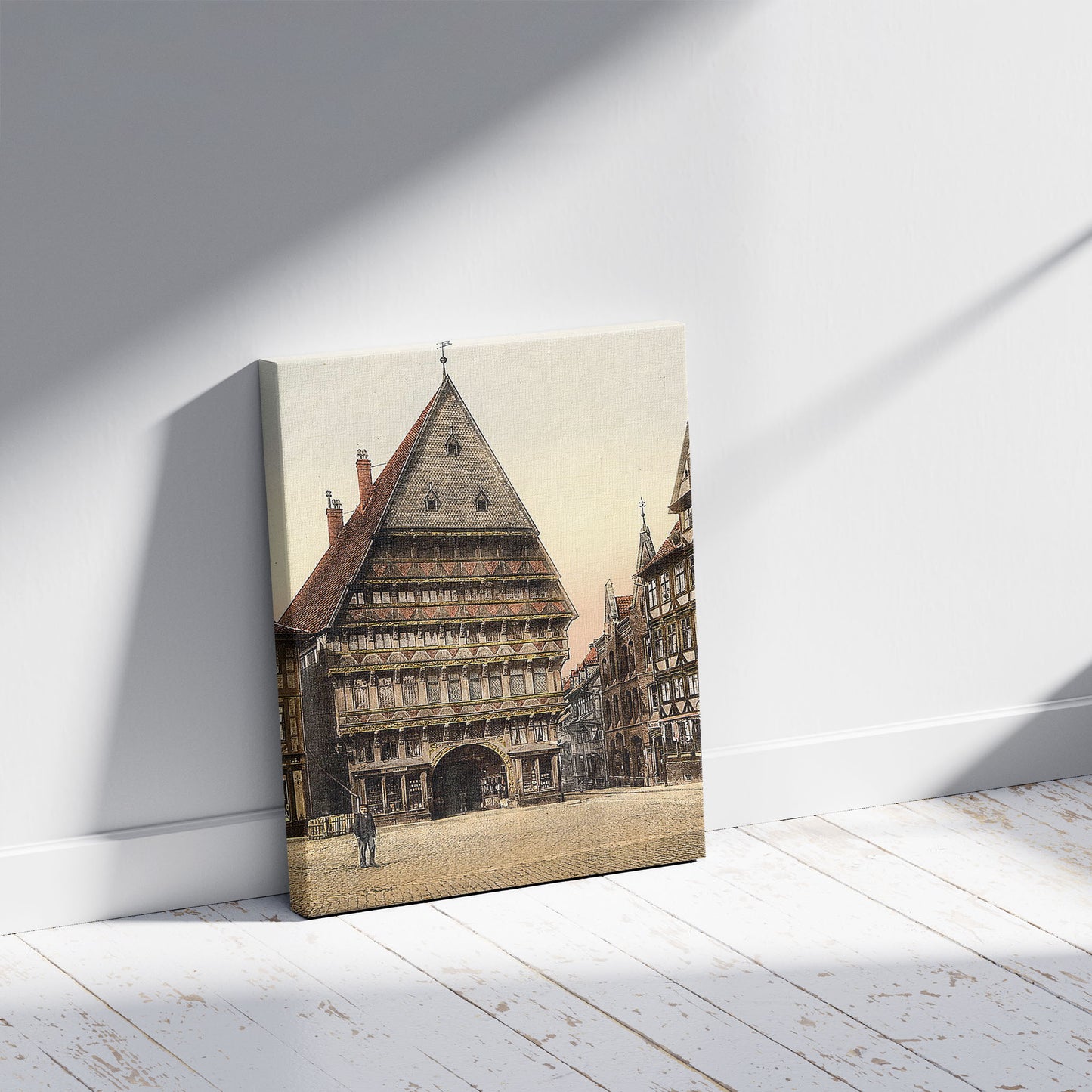 A picture of Knockenhauer Amtshaus, Hildesheim, Hanover, Germany, a mockup of the print leaning against a wall