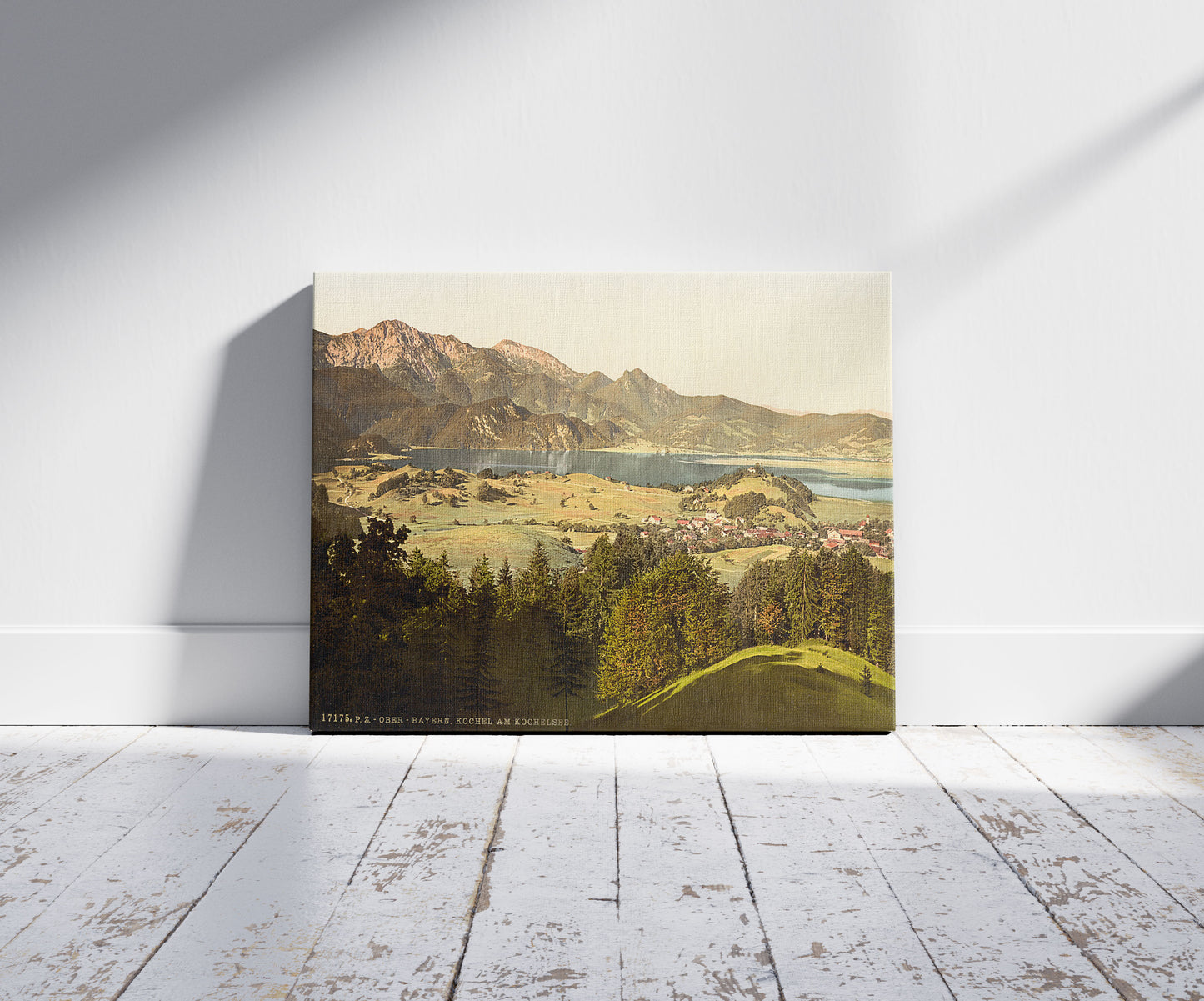 A picture of Kochel on Kochelsee, Upper Bavaria, Germany, a mockup of the print leaning against a wall
