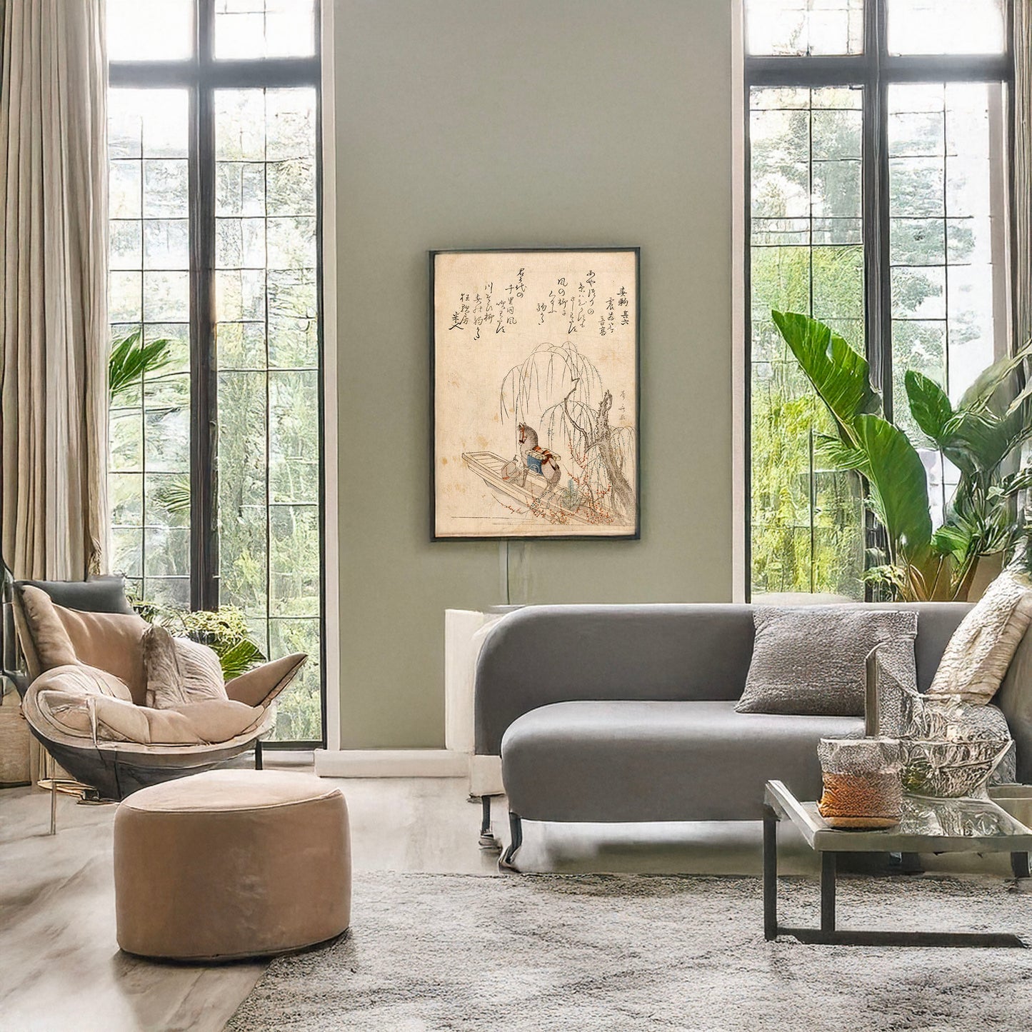 A picture of Komakata, a mockup of the print leaning against a wall