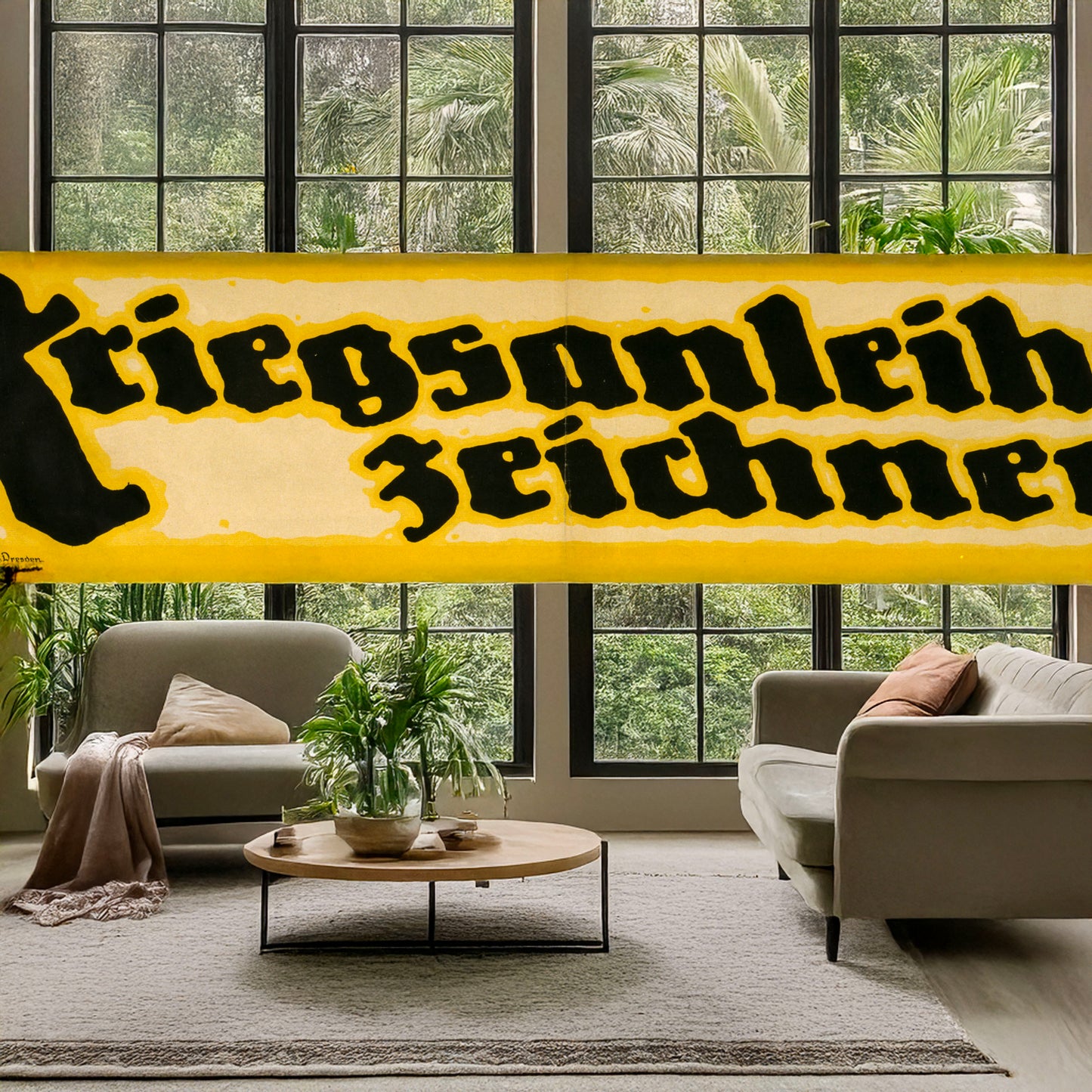 A picture of Kriegsanleihe zeichnen!, a mockup of the print leaning against a wall