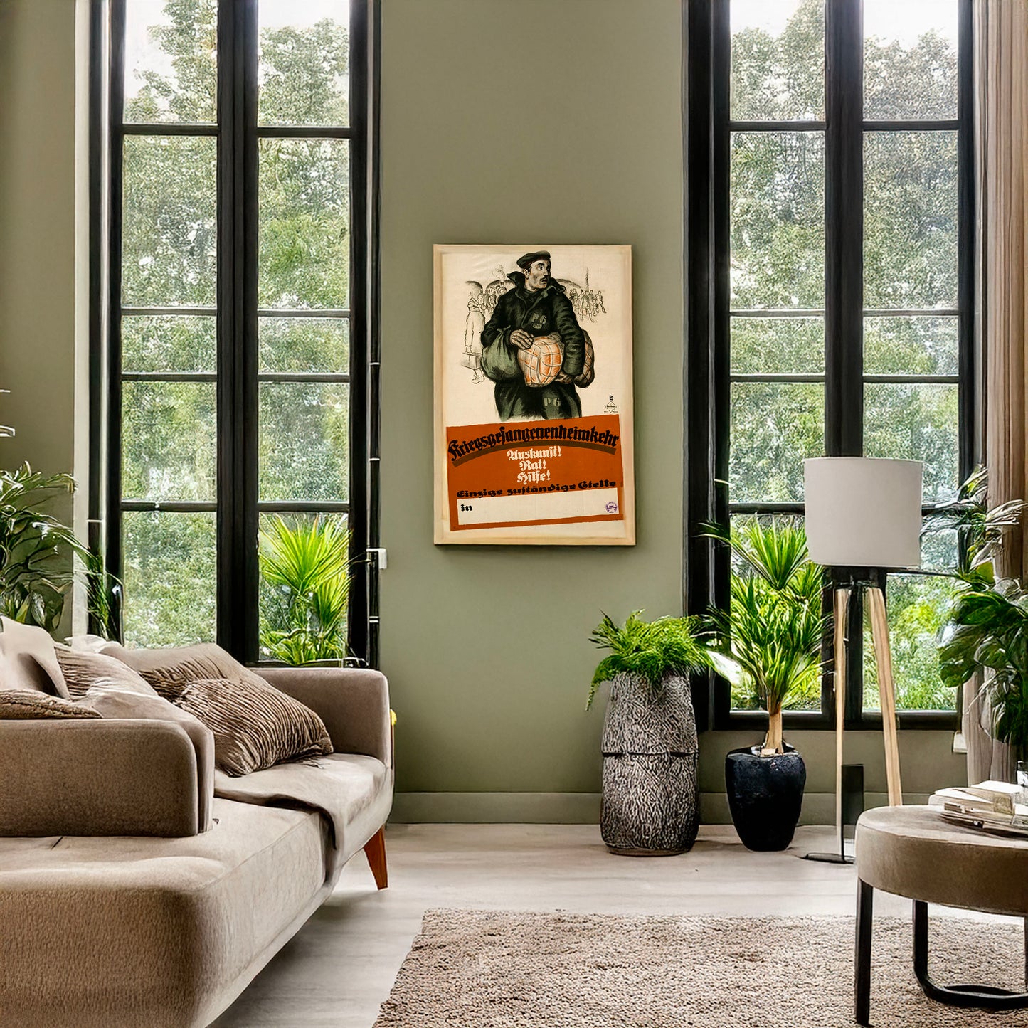 A picture of Kriegsgefangenenheimkehr. Auskunft! Rat! Hilfe!, a mockup of the print leaning against a wall