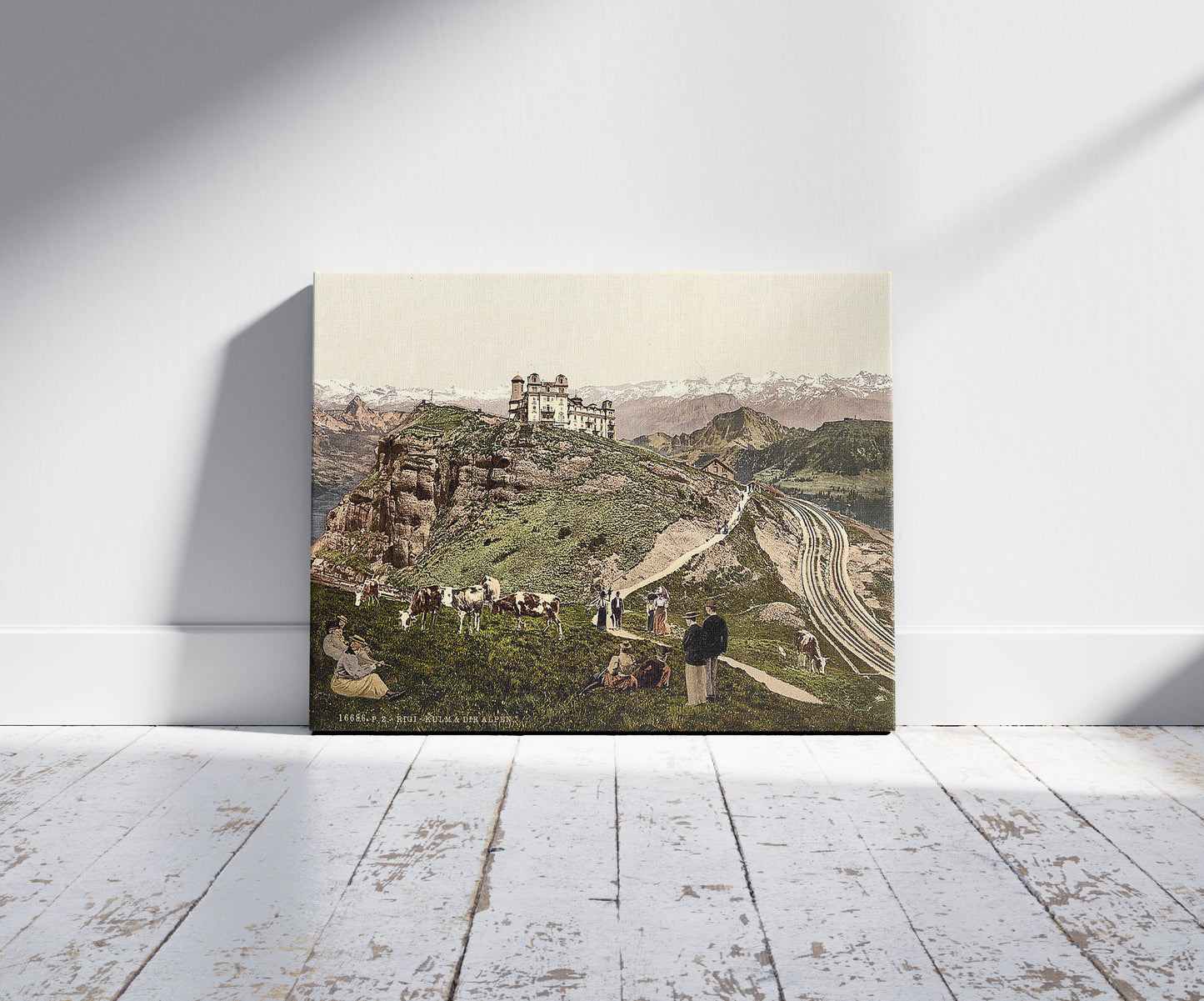 A picture of Kulm, view of the Alps, Rigi, Switzerland, a mockup of the print leaning against a wall