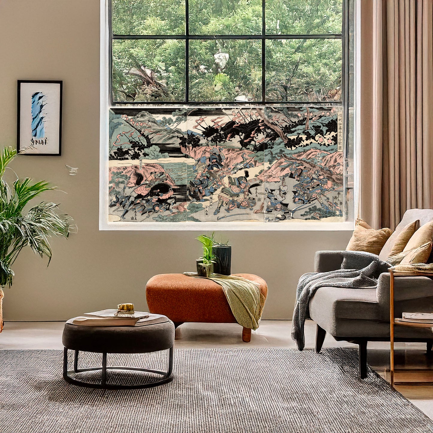 A picture of Kurikaradani ōgkassen zu, a mockup of the print leaning against a wall