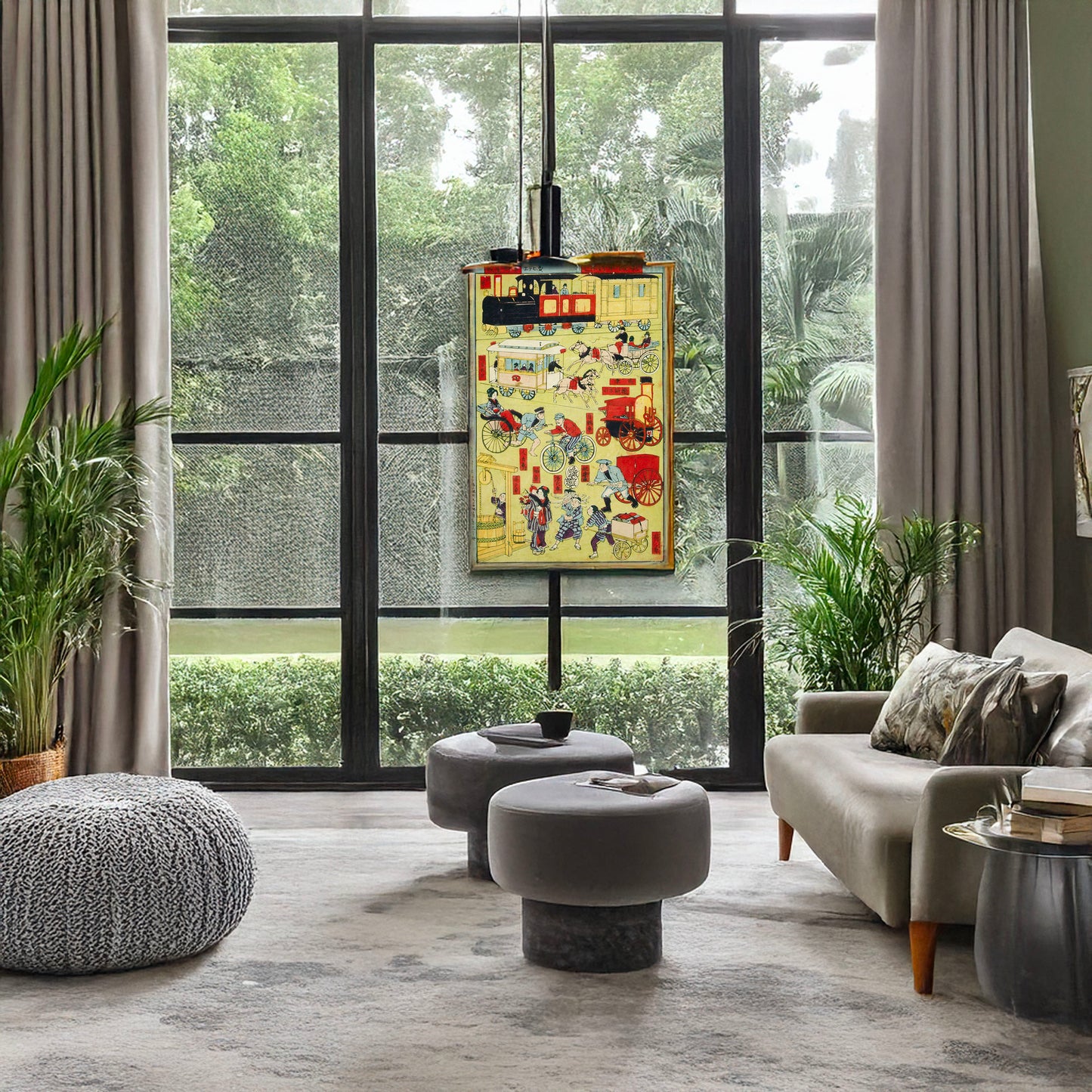 A picture of Kuruma zukushi, a mockup of the print leaning against a wall