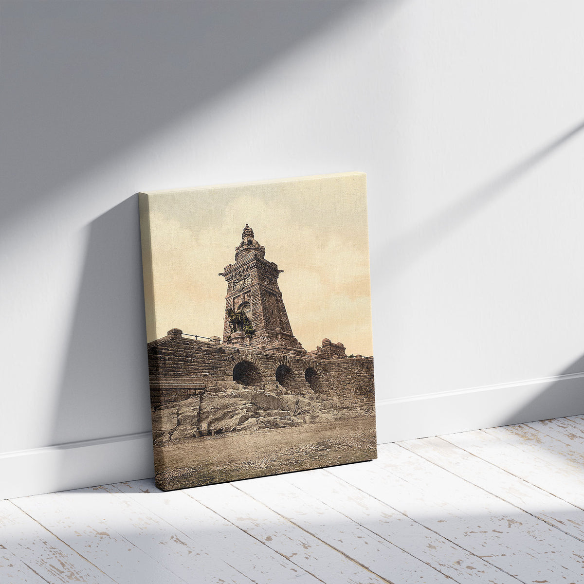 A picture of Kyffhauser and monument, Thuringia, Germany, a mockup of the print leaning against a wall